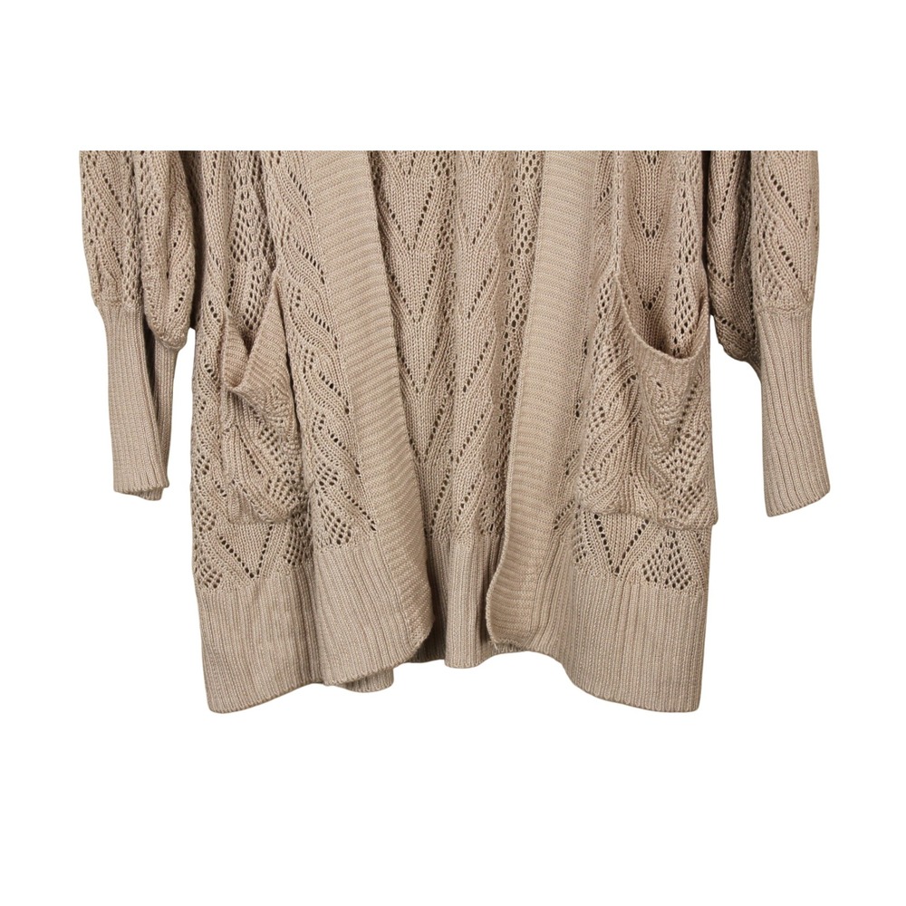 Pink Rose Boho Earthy Coastal Taupe Open Front Pointelle Knit Cardigan Size XL - Picture 3 of 10